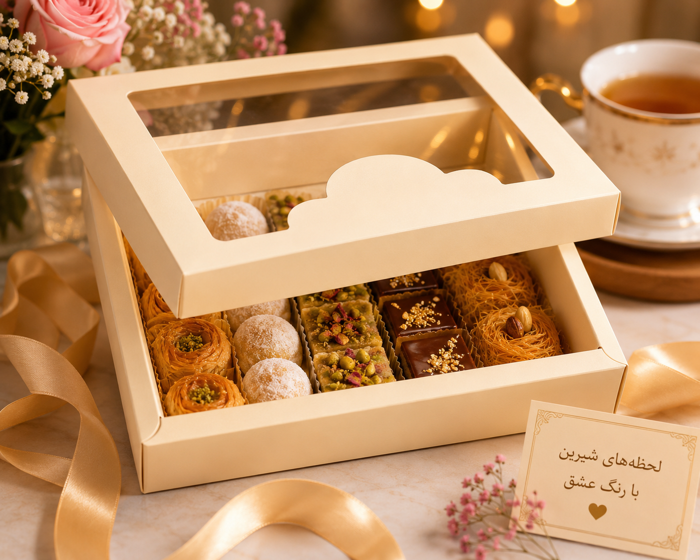 جعبه شیرینی ظرفیت نیم کیلو گرم کرم پنجره دار بسته50 عددی
