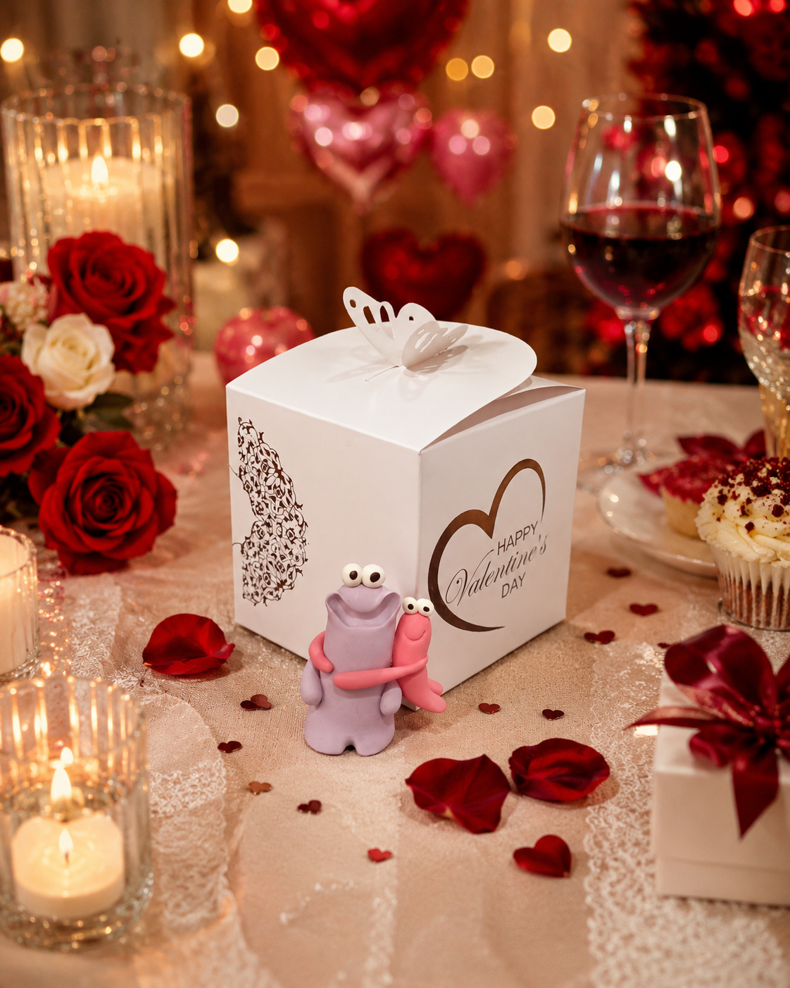 جعبه کادویی ولنتاین  طرح پروانه به همراه عروسک فندانتی